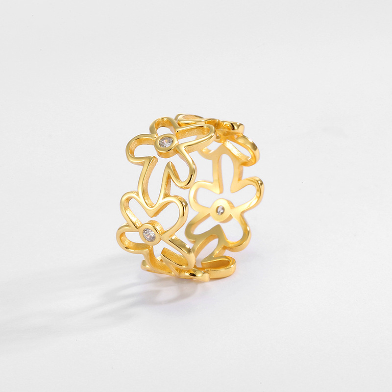 Electroplating Gold Plating Process 1 Piece 925 Sterling Silver Plant Flower Diamond 18K Gold Plated Silver Plated Adjustable Ring Open Rings Rings