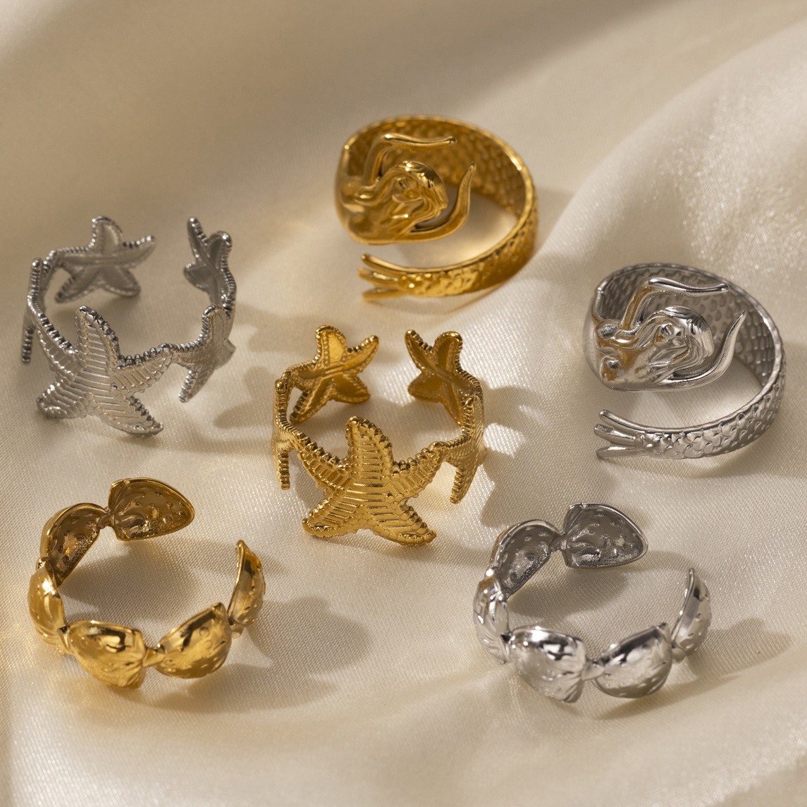 Anillo de acero de titanio al por mayor transfronterizo de Tena, lujo ligero, estrella de mar de nicho, sirena, soporte de acero inoxidable, joyería de mano de estilo europeo y americano
