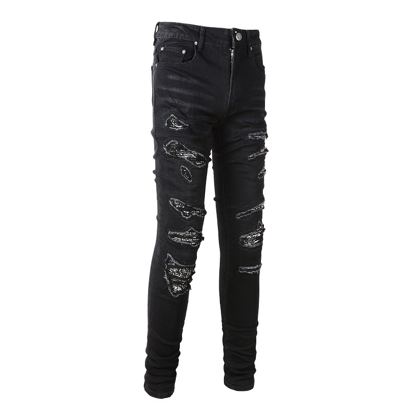 Herrenbekleidung Jeans Herren Cashew Blumen Patch Street Fashion Marke Slim Fit Röhrenjeans mit Löchern_voghion.com