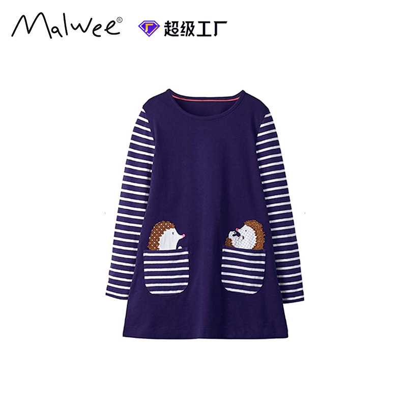 Vestido de niña otoño y invierno nuevo estilo europeo y americano rayas de manga larga vestido de princesa de cuello redondo casual ropa infantil