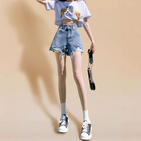 Light-colored Hole Denim Shorts Women's Summer New High Waist Slimming Dopamine Wear Hot Pants