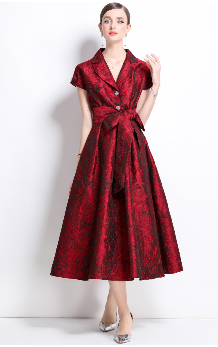 Đầm maxi nữ thắt eo kiểu Pháp tay ngắn cổ bẻ jacquard thanh lịch mùa hè 2025 — Màu xanh lam, Màu tím, Màu hồng, Màu đỏ chi tiết 7