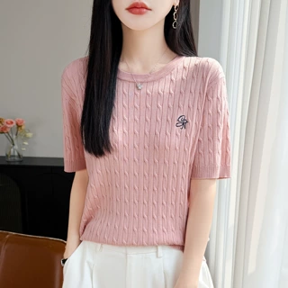2026夏季新款针织衫女圆领刺绣麻花短袖薄款透气百搭天丝打底毛衣