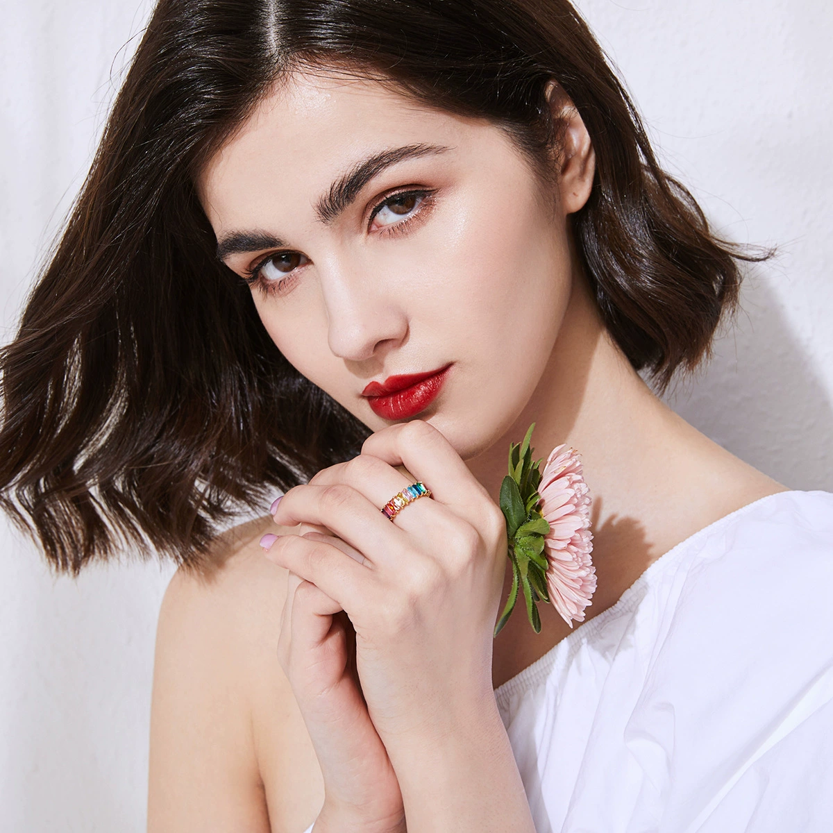 锦瑟 (Cross-border trading), brass fashionable ring with stone with zircon, European style, light luxury style