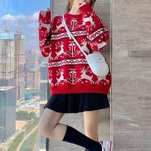 复古针织毛衣女2025秋冬季新款套头圣诞雪花麋鹿红色图案慵懒软妹