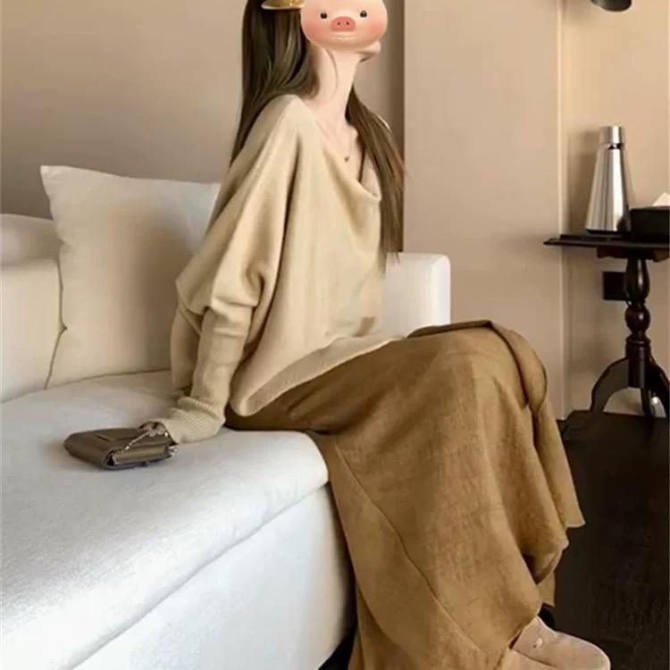 时髦气质蝙蝠袖时尚毛衣女秋季新款慵懒风宽松显瘦荡领长袖针织衫|undefined