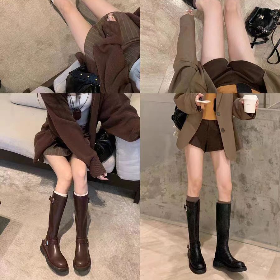 Grape Mom otoño e invierno nuevo estilo polaco pictórico ~ Hebilla de punta redonda de moda, tacón grueso, pero botas altas hasta la rodilla, botas de caballero, mujer