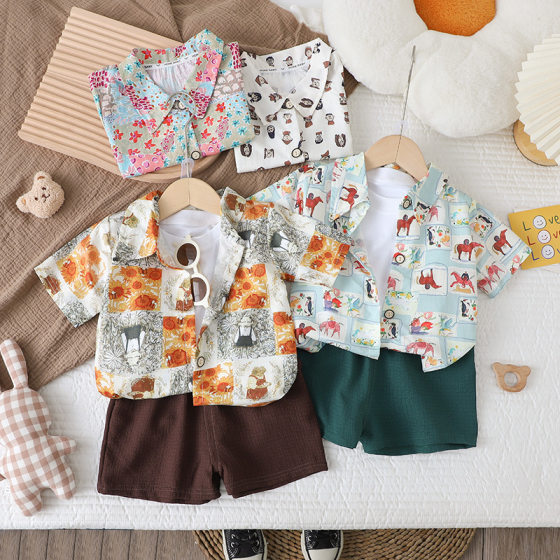 New Baby Children's Western Style Shirt Short-sleeved suit Boys Summer Handsome Hawaii Beach Summer Short Pants