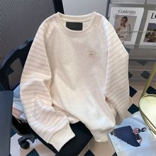 美式学院风彩点条纹插肩袖卫衣女春秋季韩版减龄百搭撞色情侣上衣