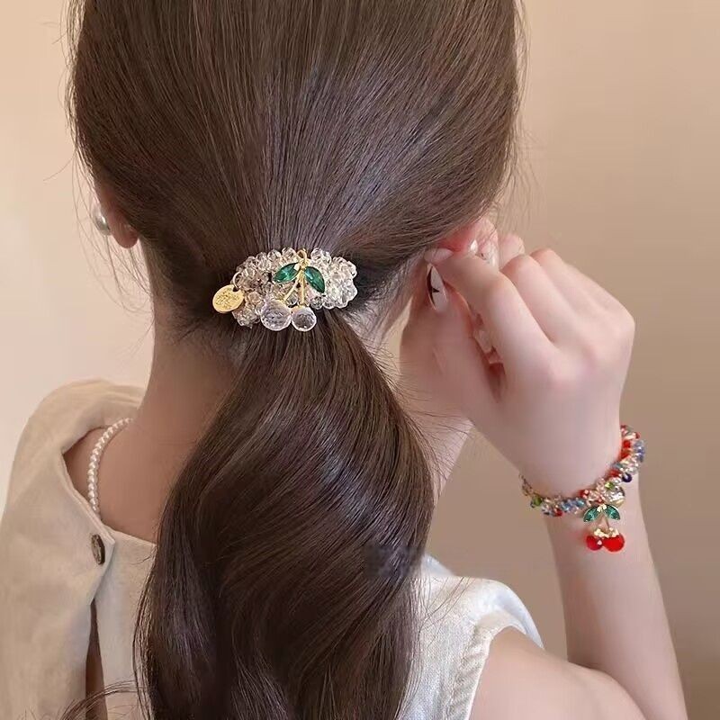 韓国ラインストーンカラフルなクリスタルブレスレット兼用ヘアバンドヘッドバンド親友ヘアロープチェリーゴムバンドポニーテール頭飾り女性用|undefined