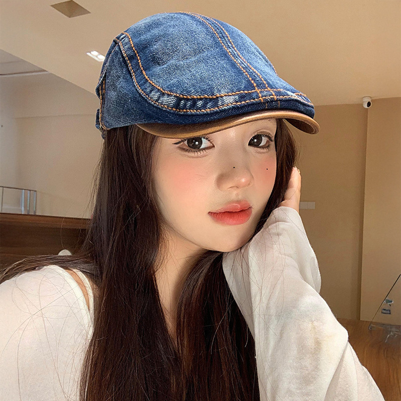 日系复古水洗牛仔前进帽女文艺百搭反戴报童帽休闲显脸小贝雷帽子|undefined