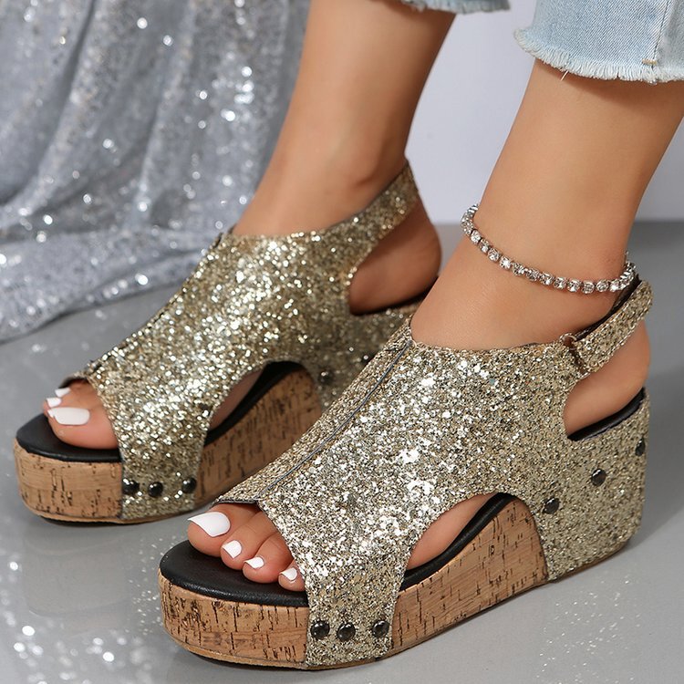 Amazon Roman Sandals Women's Sequin Flat Wedge Thick Sole Sandals Large Size Cross-Border Women's Shoes Fish Mouth Women's Sandals