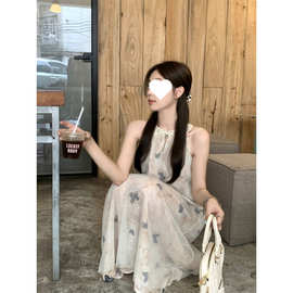 新中式蝴蝶印花盘扣挂脖连衣裙女夏季重工茶歇裙A字裙子