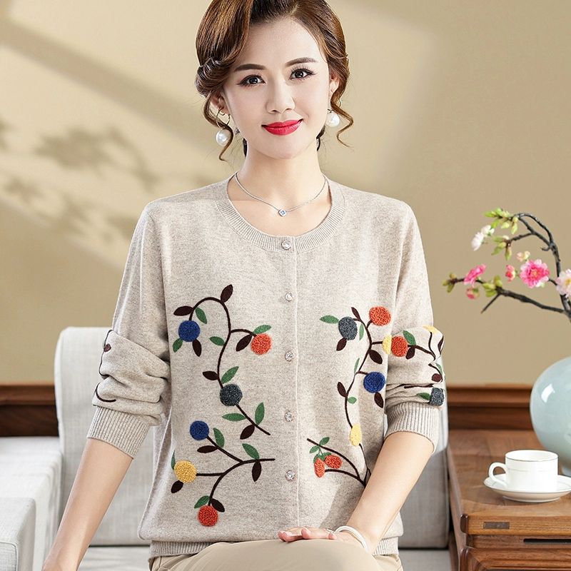 Mother Woolen Cardigan - Spring/Autumn Knit with Floral Embroidery, Sizes M-5XL, Camel/Red/Gray