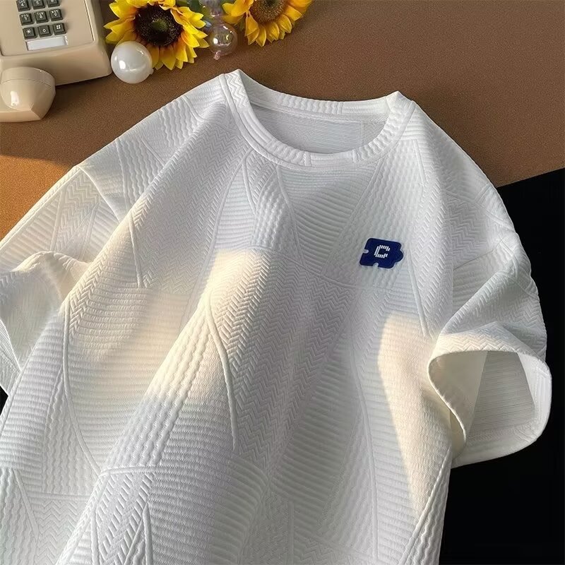 Men's Clothing high street textured short sleeved t shirt men's trendy design niche summer men's t shirt plus size clothes_voghion.com