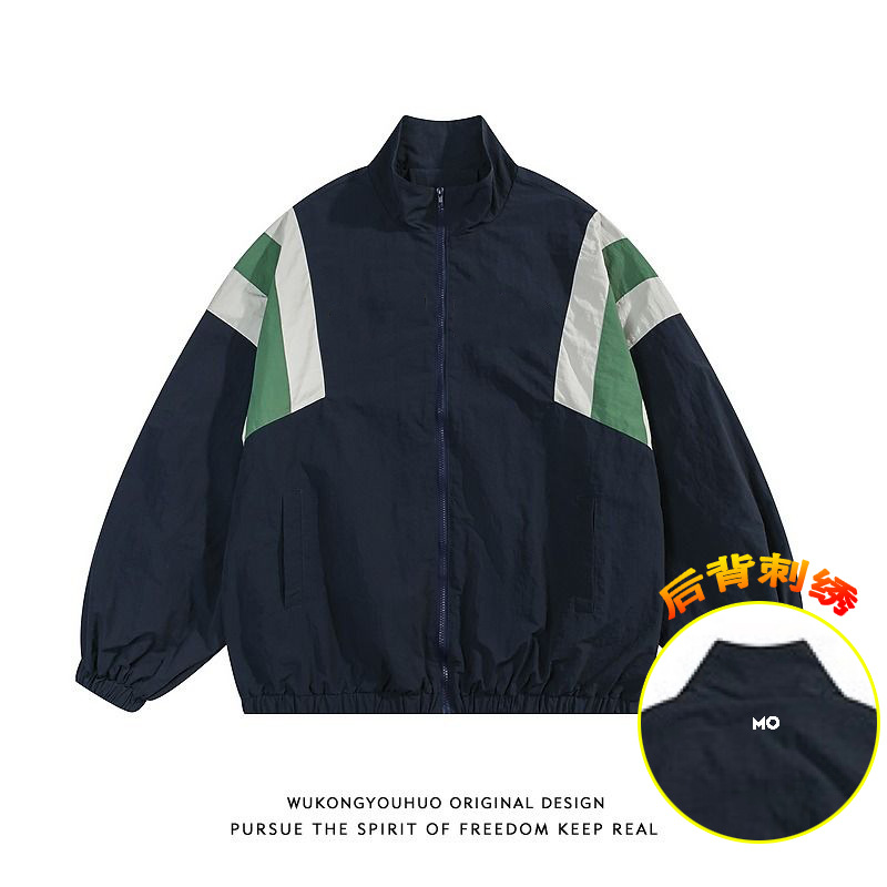 American retro calle costura stand collar chaqueta hombres y mujeres 2024 primavera nueva vintage deportes top