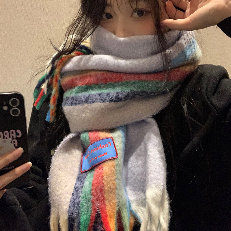 Long Rainbow Striped Mohair Scarf For Women Winter Warmth_voghion.com