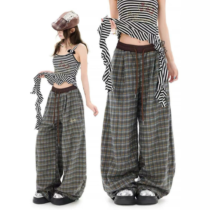 In-Stock 26 Retro Coffee Green Plaid Custom-Dyed Drawstring Color-Blocked Plaid Multi-Pocket Casual Pants·Chic Double-Pleated Wide-Leg Pants In-Stock 26 Retro Coffee Green Plaid Custom-Dyed Drawstring Color-Blocked Plaid Multi-Pocket Casual Pants·Chic Double-Pleated Wide-Leg Pants
