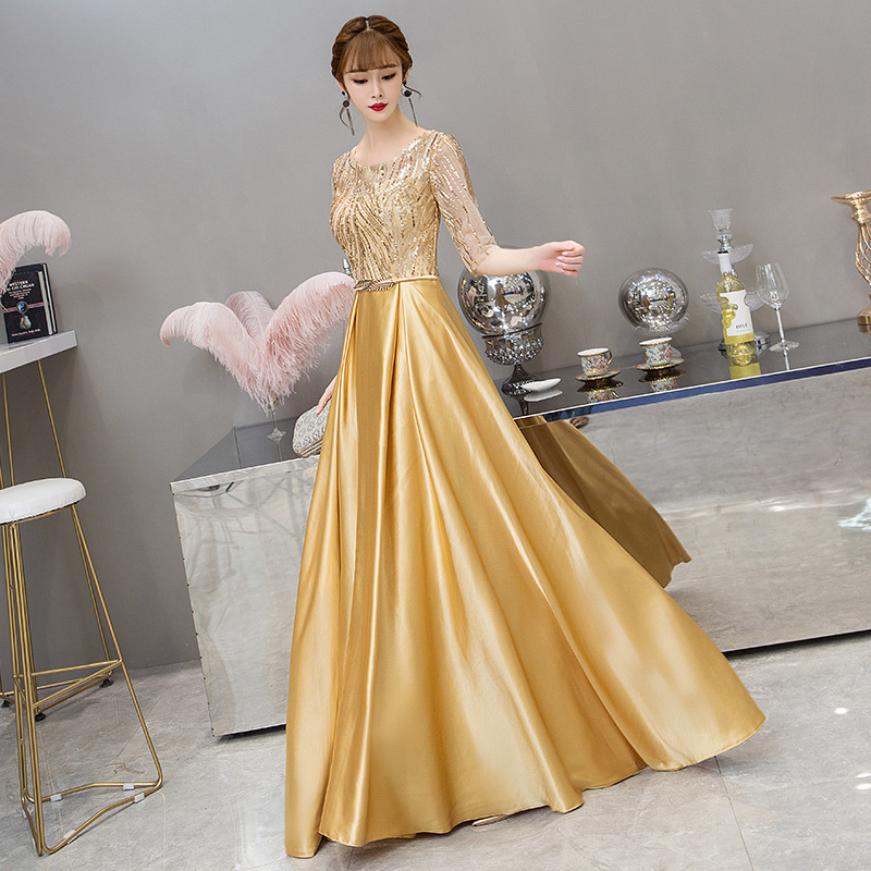 2025 Long Dress Performance Clothing Choir Golden Mid-Sleeve Lace Banquet Annual Meeting Toast Clothing Host Slimming Look 2025 Long Dress Performance Clothing Choir Golden Mid-Sleeve Lace Banquet Annual Meeting Toast Clothing Host Slimming Look