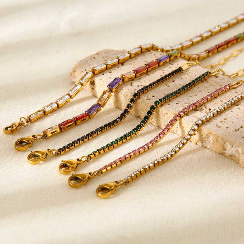 European and American Ins Accessible Luxury Colorfulful Square Zircon Bracelet Plated with 18K Gold Stainless Steel Tennis Chain Cross Chain Stitching Jewelry