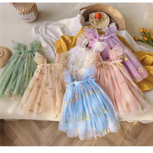 New Butterfly Embroidered Princess Dress Girls Mesh Dress Flying Sleeve Dress Baby Tutu Dress Dress
