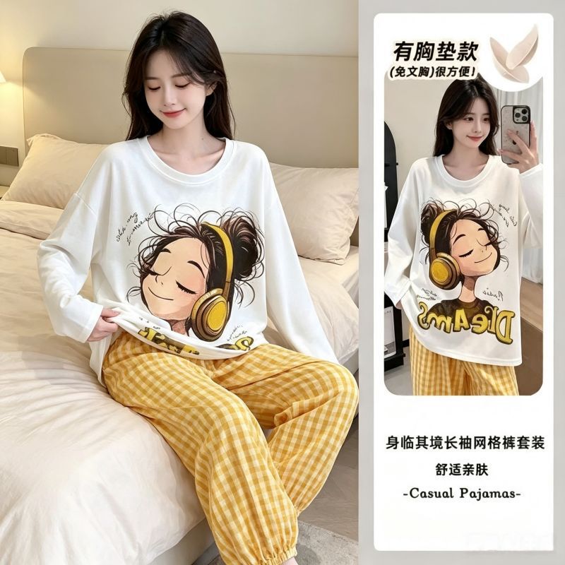 【Best Seller】Self-promoting long-sleeved long-pants set in cloud cotton, Korean style, fresh print, women's round neck, available for wholesale 【Best Seller】Self-promoting long-sleeved long-pants set in cloud cotton, Korean style, fresh print, women's round neck, available for wholesale