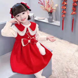 女童中国风打底连衣裙2026秋冬背心裙洋气儿童红色新年拜年服裙子