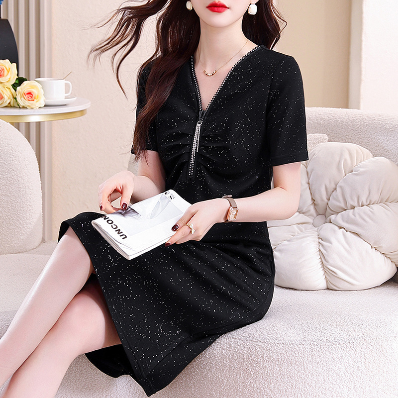 Single-layer impervious pocket lengthening cold short sleeve summer dress women's fashion western style skirt plus size women's clothing