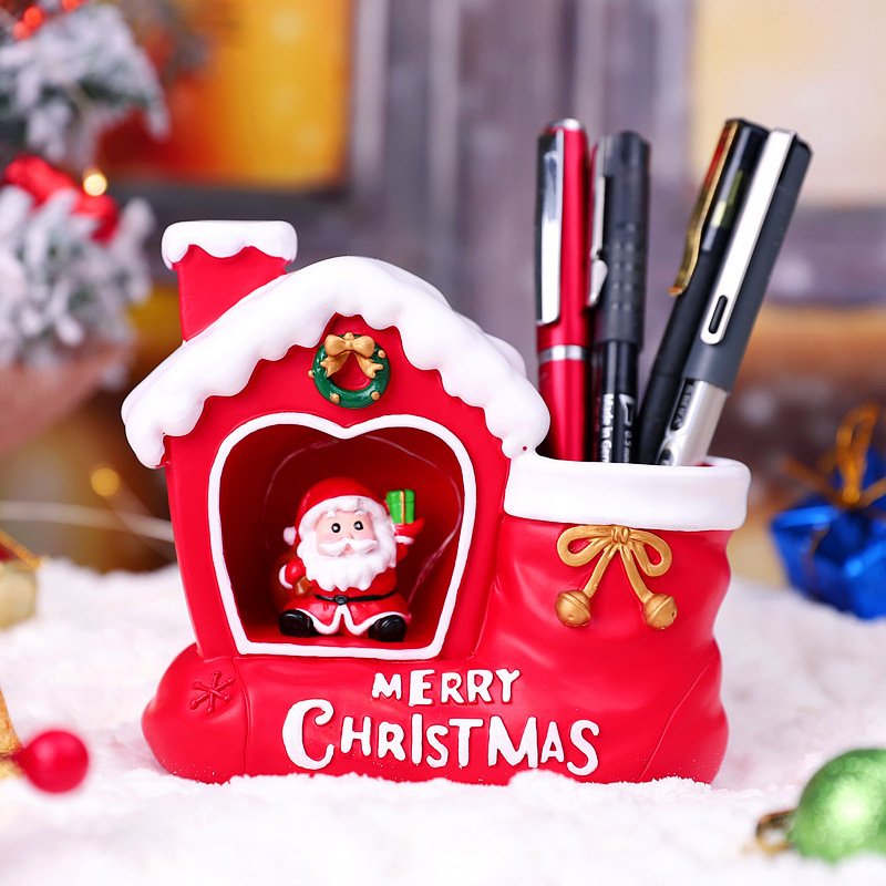 Casa de regalos de Navidad bolígrafo multifuncional de escritorio de almacenamiento de bolígrafo para niños regalos de resina de Nochebuena