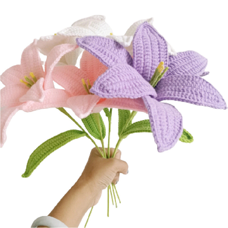 Lily tejido a mano acabado rosa Lily Tulip flor artificial lana ramo regalo