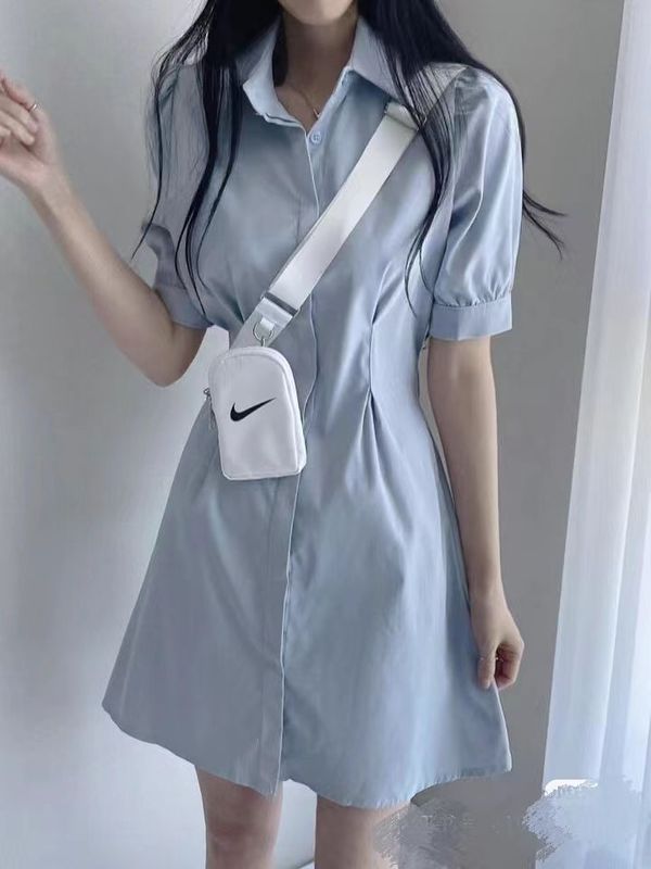 ブルーポロカラーシャツドレス女性のための 2025 夏の新しいフレンチスカートウエスト痩身 A ライン半袖スカート|undefined