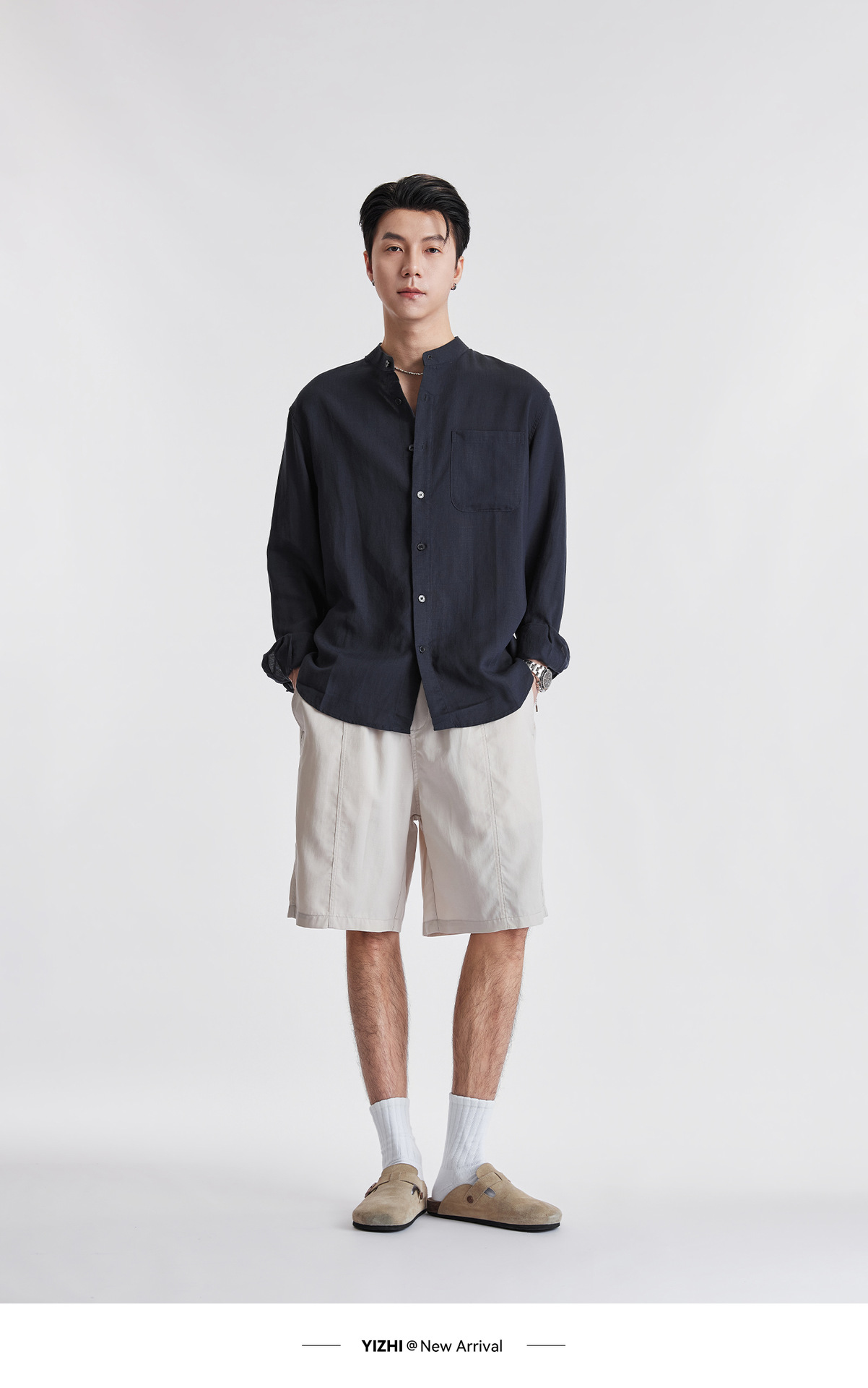 Áo sơ mi nam linen cổ đứng tay dài mùa hè, chất liệu lanh thoáng khí, phong cách Trung Hoa, túi đơn — Xanh navy chi tiết 23