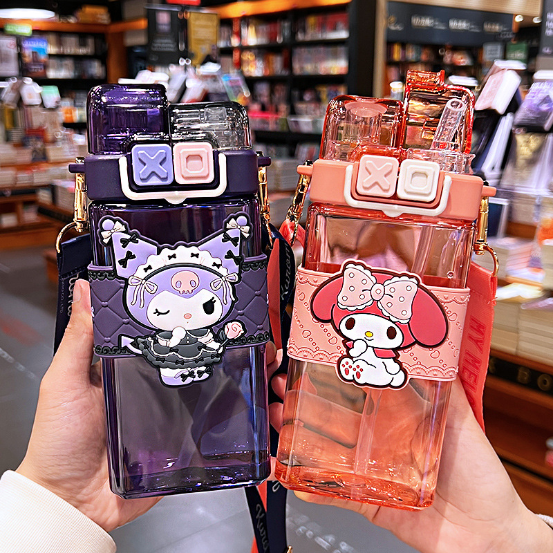 Acus Kulumi Children's Dual-Sip Straw Cup for Girls, High-Aesthetic Summer Plastic Cup, Student Crossbody Water Bottle