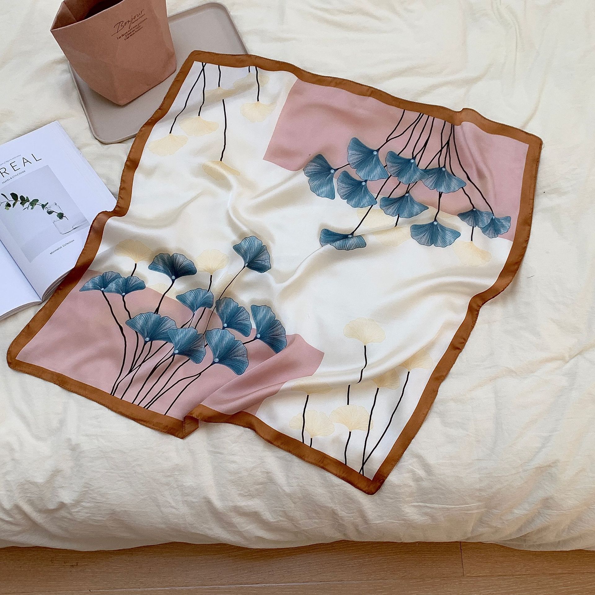Spring, Autumn Season Women's Elegant Business Color Block Ginkgo Leaf Polyester Printing Silk Scarves