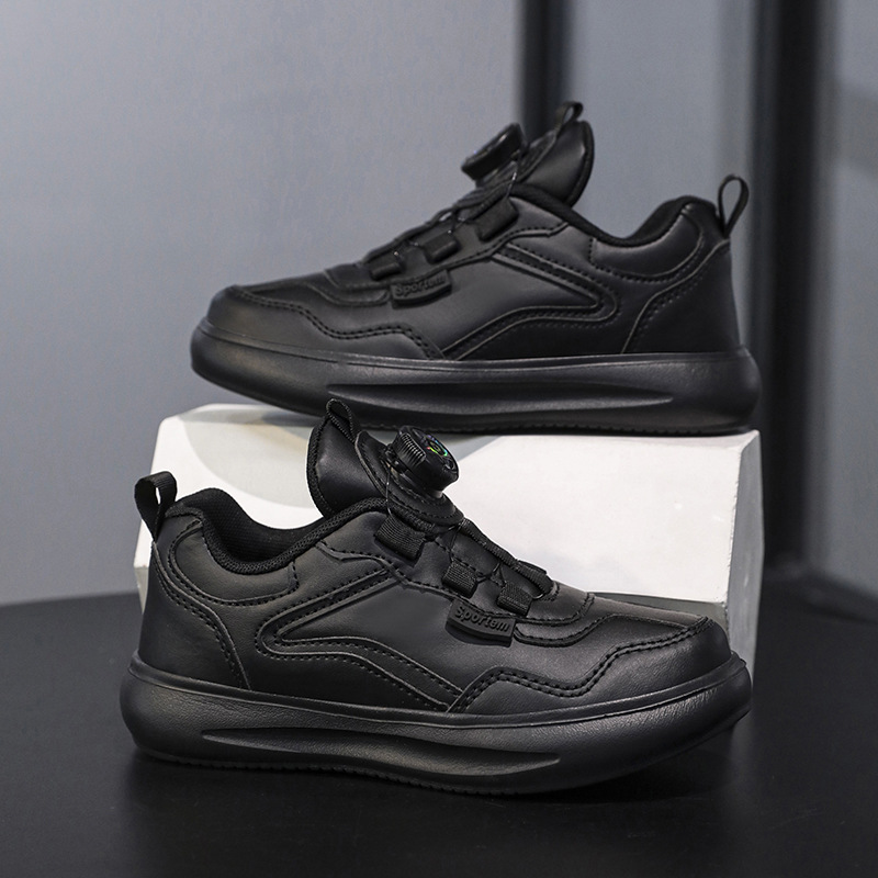 Nuevos zapatos deportivos para niños y niñas, cuero impermeable, botón giratorio, zapatos deportivos infantiles ligeros y versátiles, zapatos blancos para estudiantes