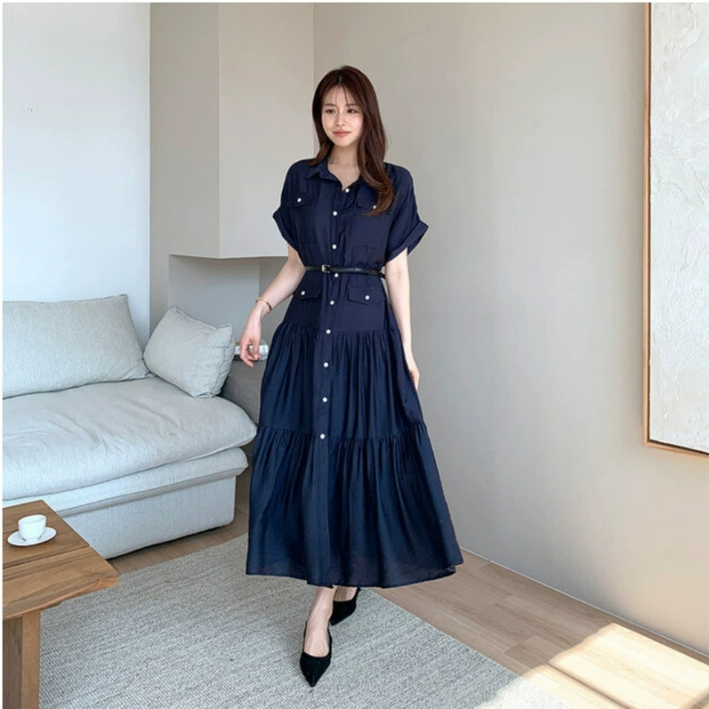 Длинное платье-юбка в корейском стиле с французскими лацканами, шнуровкой на талии, утягивающее, с поясом.