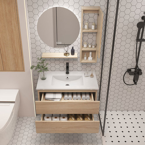 Wholesale modern simple wood color bathroom cabinet combination ceramic integrated basin wash cabinet bathroom sink hand washing