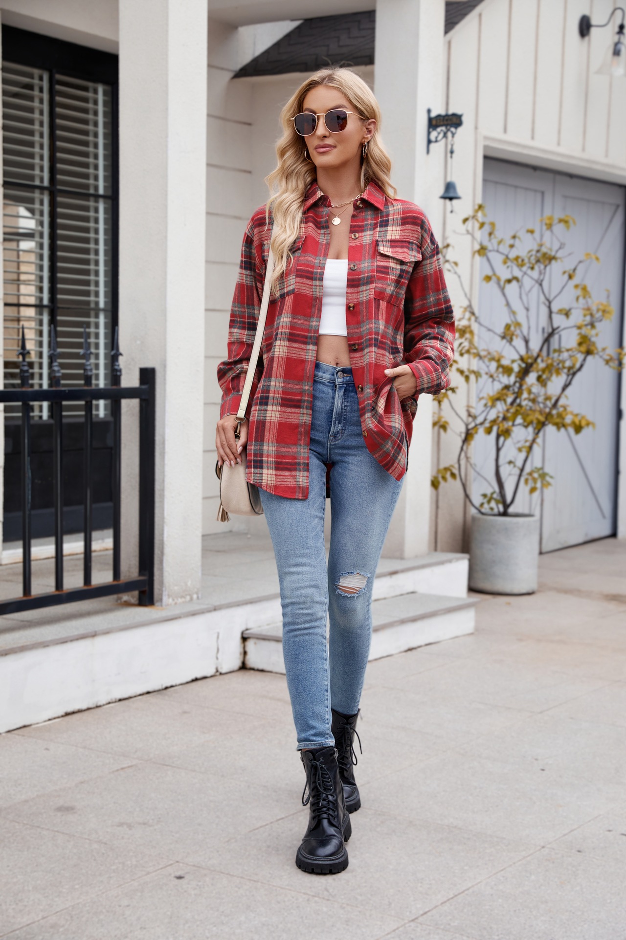 Lässiges Karohemd Für Damen Mit Taschen Für Herbst Und Winter_voghion.com