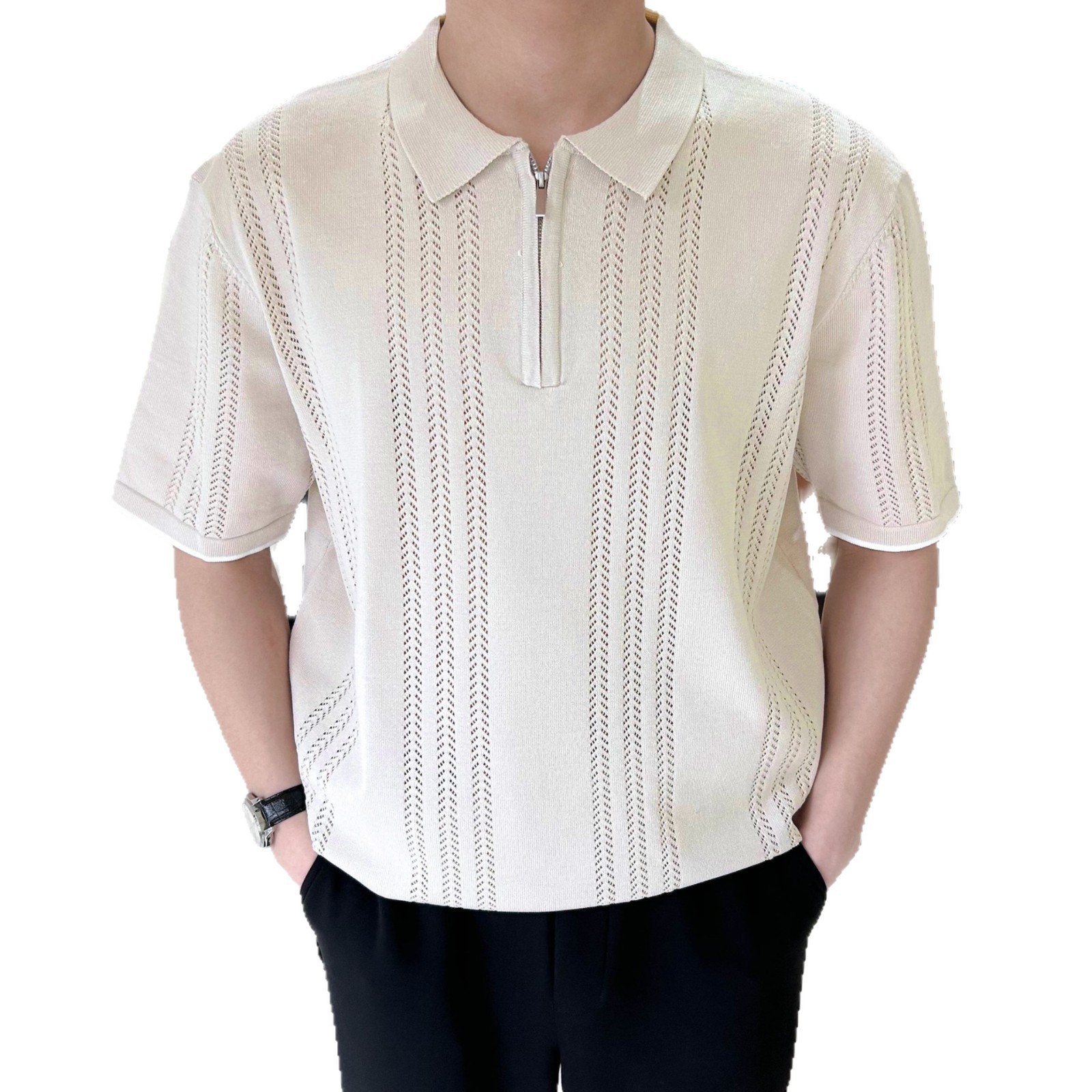 Polo homme à manches courtes, col à revers, demi-zip, maille, mode décontractée, ajouré, jeune, âge mûr_voghion.com