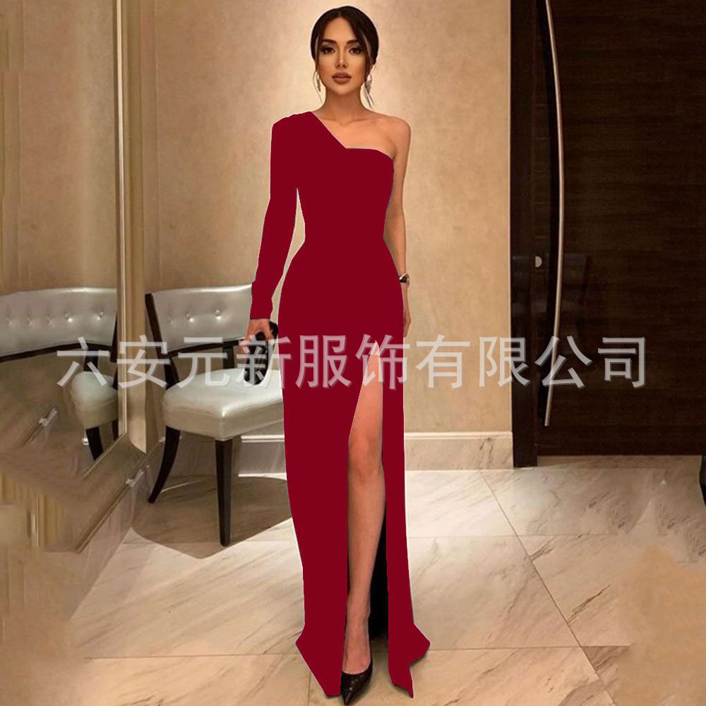 Comercio exterior europeo y americano Amazon AliExpress deseo vestido de noche de las mujeres vestido de novia negro nuevo vestido de manga larga de un solo hombro