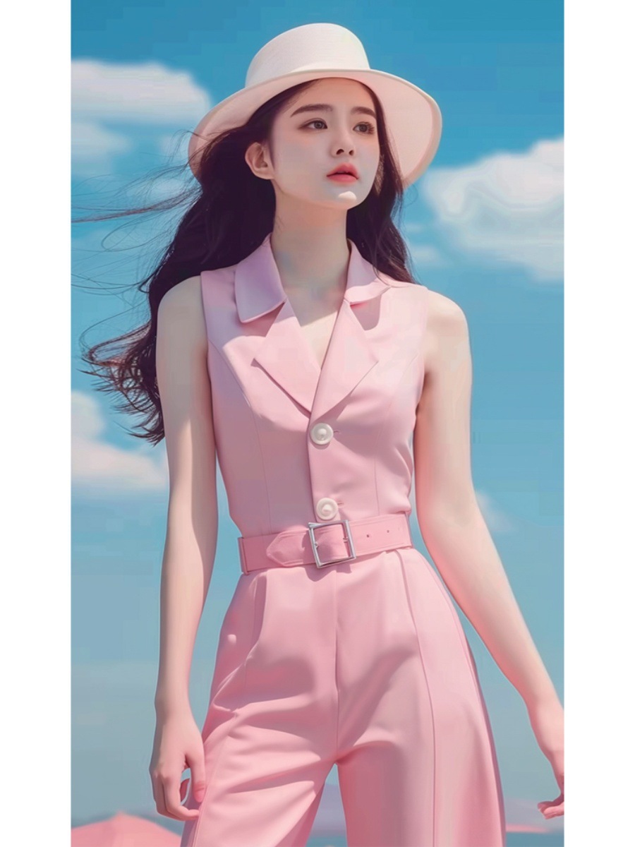 Bộ jumpsuit nữ dài tay màu hồng phong cách dopamine mùa hè cao cấp — Màu hồng chi tiết 4