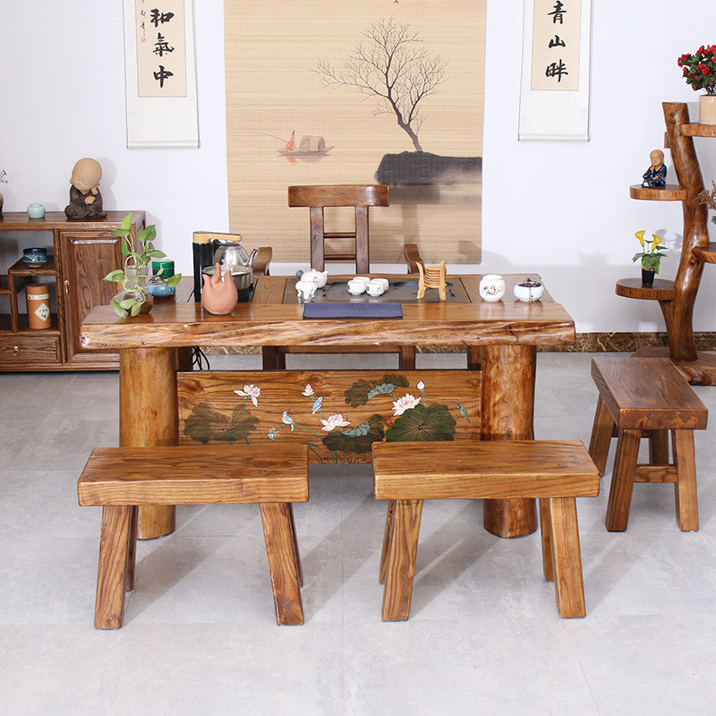 Old Elm Tea Table and Chair Combination Tea Room Tea Table Set Household Solid Wood Coffee Table Office Tea Art Table Antique Table