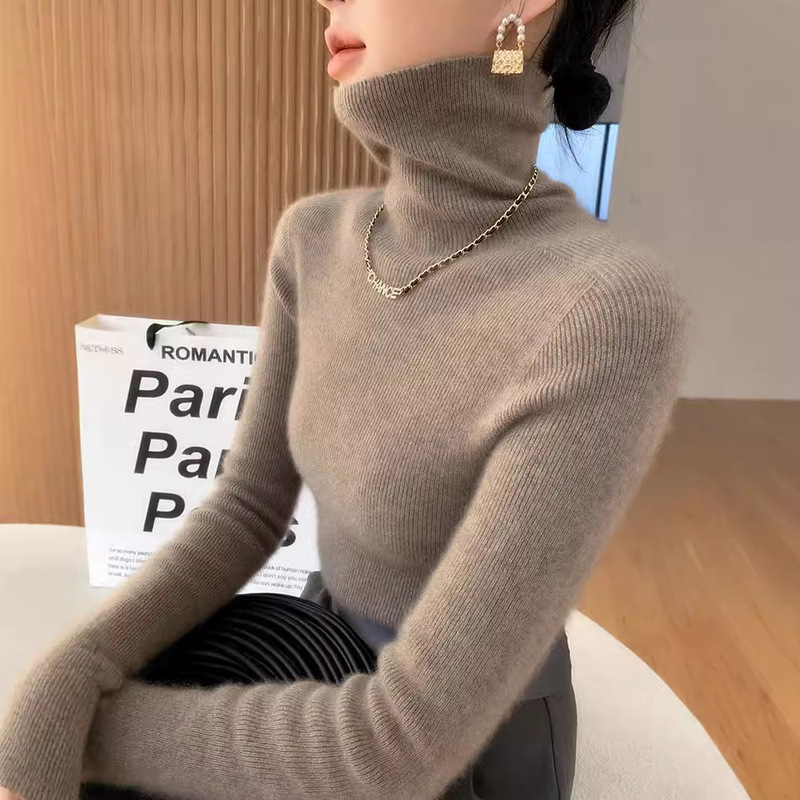 High-Neck Cashmere Sweater for Women, Solid Color Striped Base Shirt, Slim Fit Sweater, Autumn and Winter Inner Knit Top