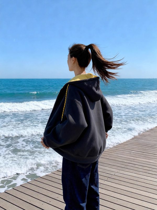 美式复古撞色连帽拉链卫衣外套女秋季休闲宽松开衫慵懒风灰色上衣|undefined