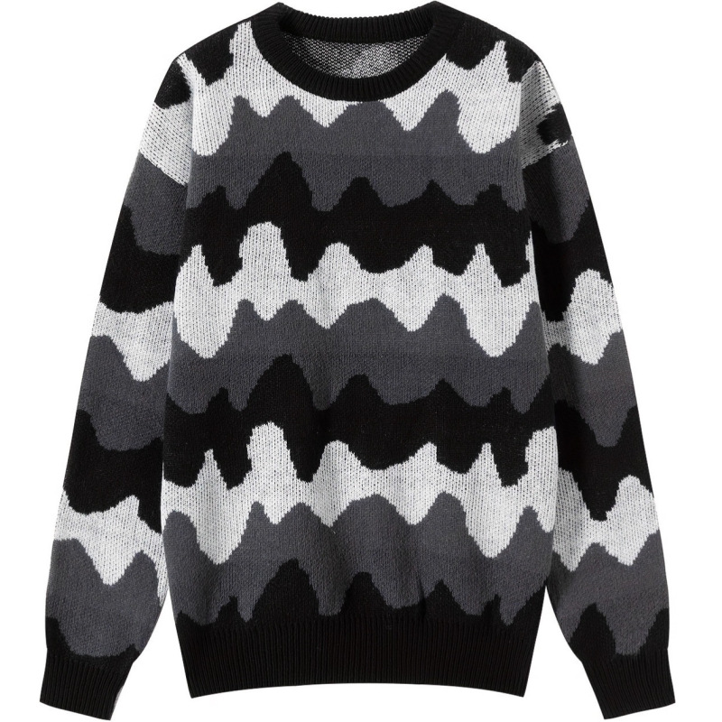2025 Winter Men's New Round Neck Wave Graphic Contrast Color Pullover Sweater Retro Knitted Sweater 2025 Winter Men's New Round Neck Wave Graphic Contrast Color Pullover Sweater Retro Knitted Sweater