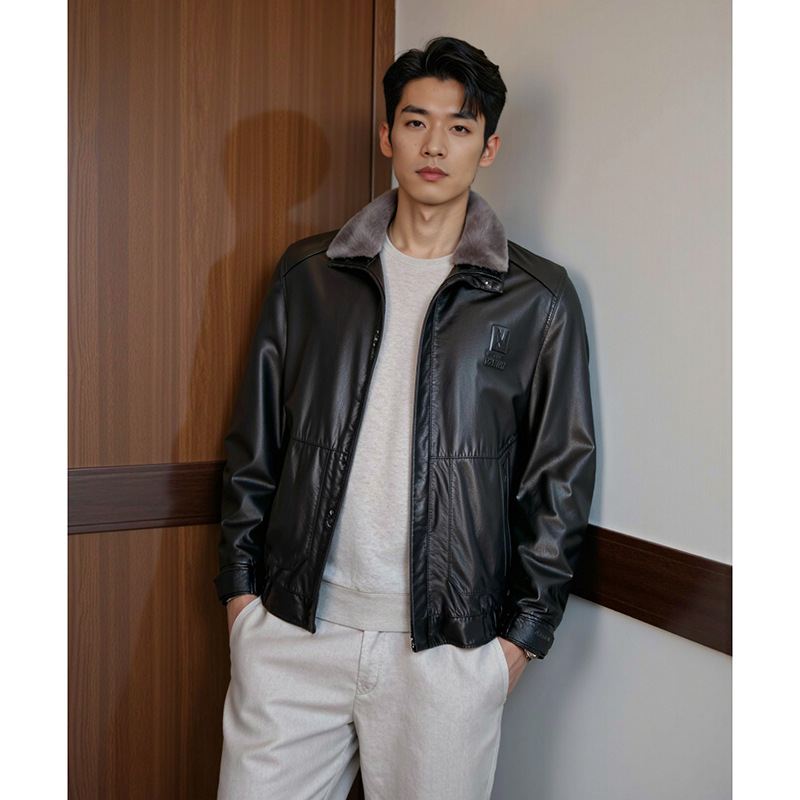"Genuine Leather Expert" Retro Oil Wax Calfskin Genuine Leather Jacket Mink Fur Collar Removable Liner Men's Winter Clothing