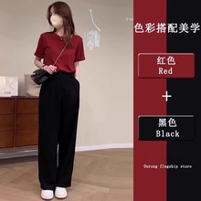 实体店酒红色短袖T恤女夏季2024设计感韩版多巴胺上衣+西装裤套装