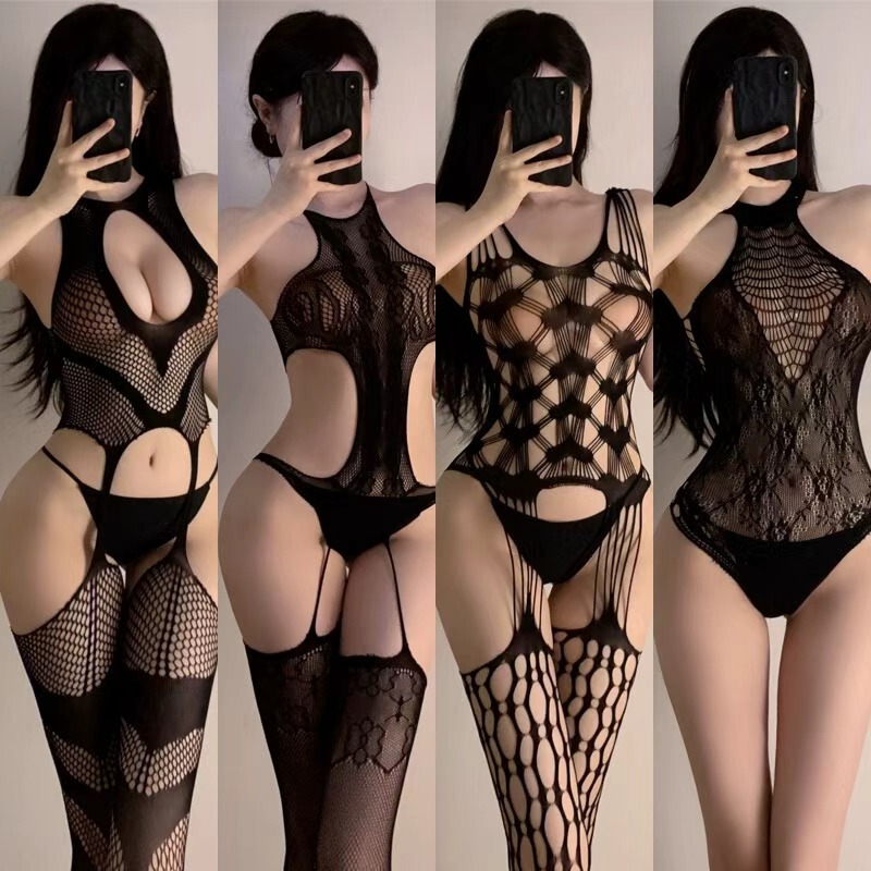 Lobe Large Size Sexy Mesh Clothing, See-Through Hollow-Out Tempting One-Piece Mesh Outfit, Mesh Stockings Set, Open-Crotch See-Through, No Need to Take Off, Dropshipping