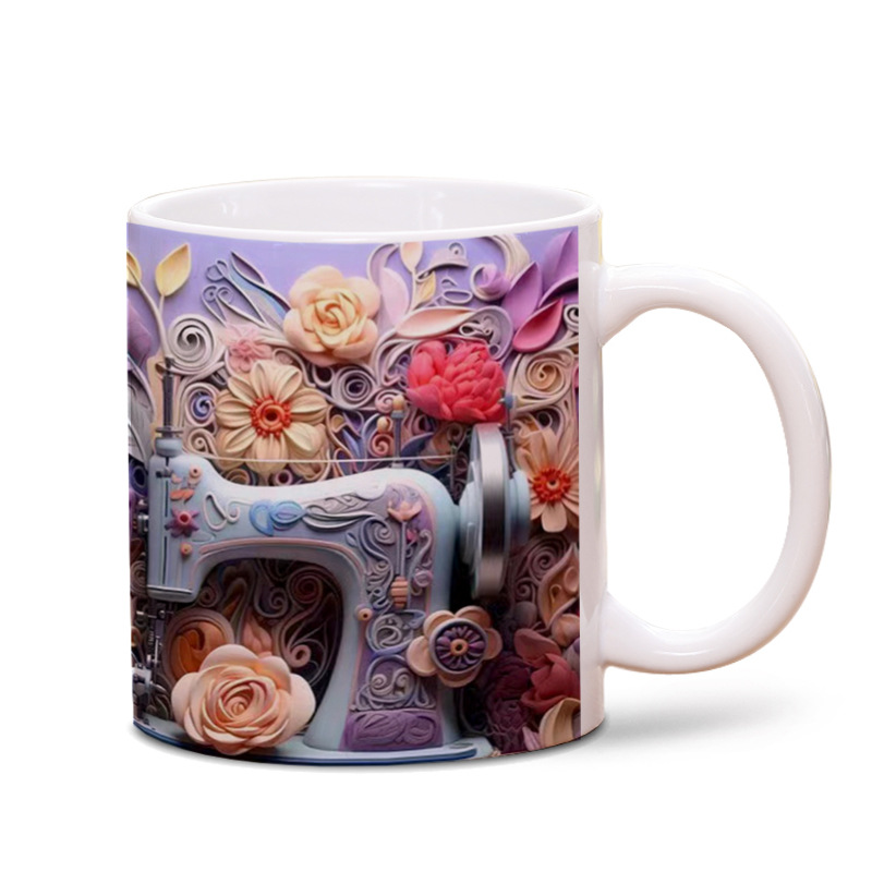 Impresión de taza de efecto de máquina de coser 3D, impresión de taza de cerámica transfronteriza, impresión de espacio LOGO, taza de cerámica blanca creativa