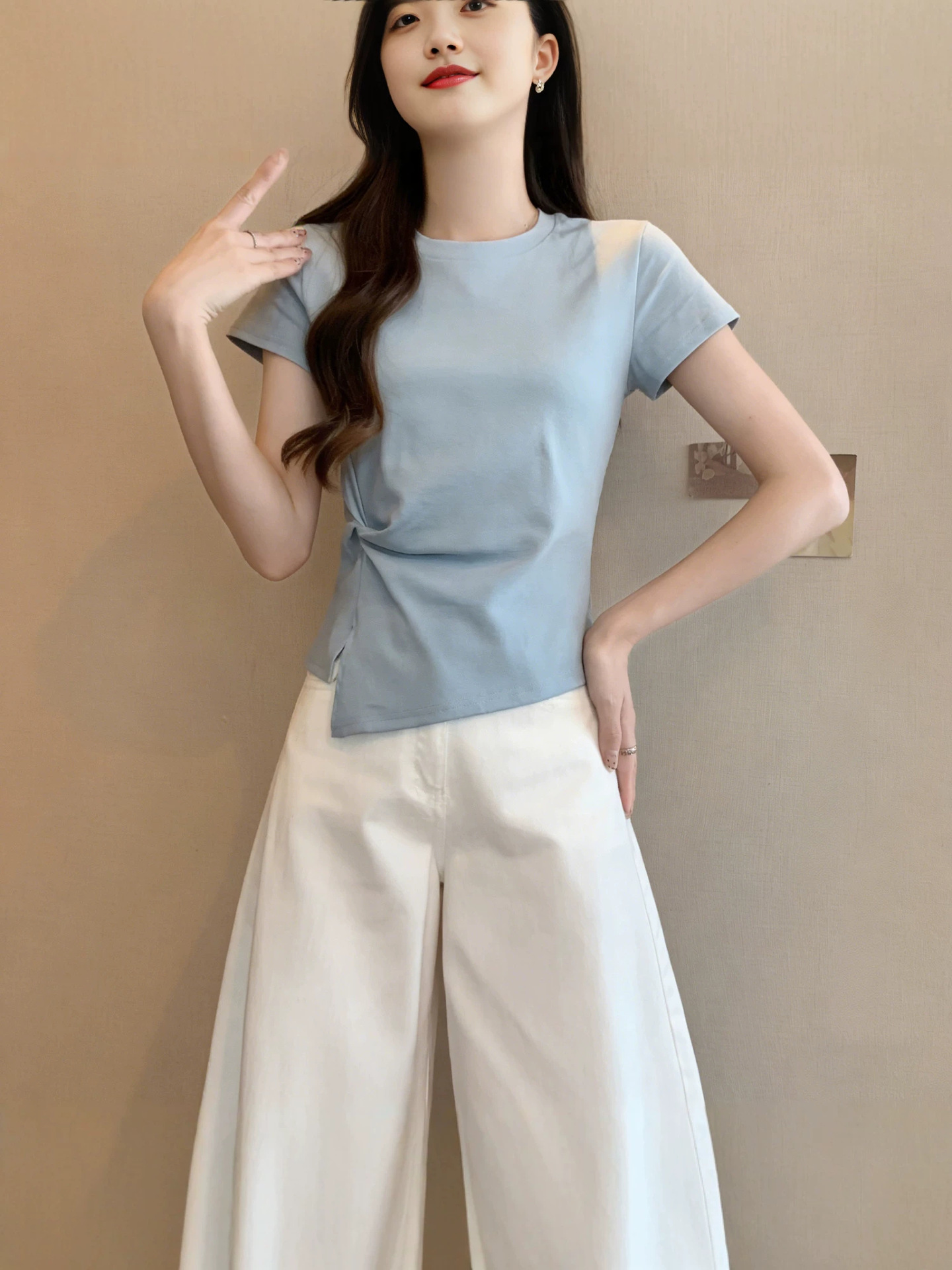 Korean-Style Design Twist-Knot Slit Short-Sleeve T-Shirt for Women, Summer Hot-Selling Round-Neck Slim-Fit Stylish Top